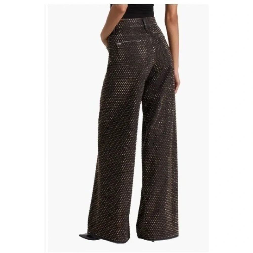 Alice and Olivia Black Gold Rhinestone Embellished Wide Leg Jeans High Rise | 28 - Picture 9 of 10